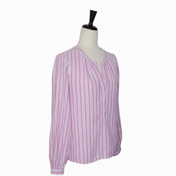 Universal Thread Pink Striped Split Button Neck Long Sleeve Gause Blouse Size S - Picture 3 of 8